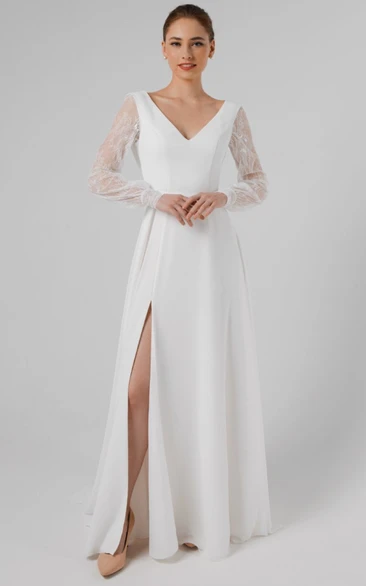 Modern Chiffon and Lace A Line V-neck Wedding Dress with Split Front