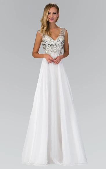A-line V-neck Sleeveless Sweep Train Chiffon Prom Dress with Low-V Back and Beading