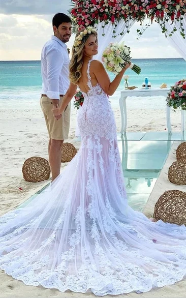 Casual Beach Sleeveless Lace Tulle Mermaid Wedding Dress