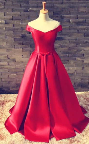 Off-The-Shoulder Bowknot Lace-Up Red Elegant Prom Dress