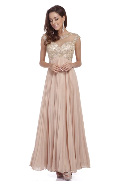 A-line Scoop Cap-Sleeve Ankle-length Chiffon Prom Dress with Illusion and Pleats
