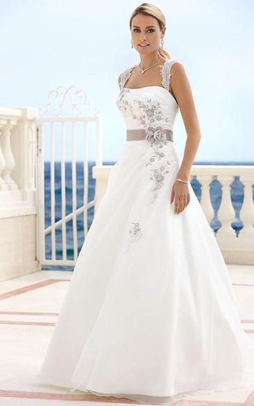A-line Straight Across Sleeveless Floor-length Satin Wedding Dress with Keyhole and Flower