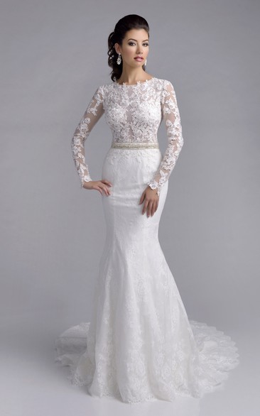 Trumpet High Neck Long Sleeves Court Train Lace Wedding Dress with Waist Jewellery