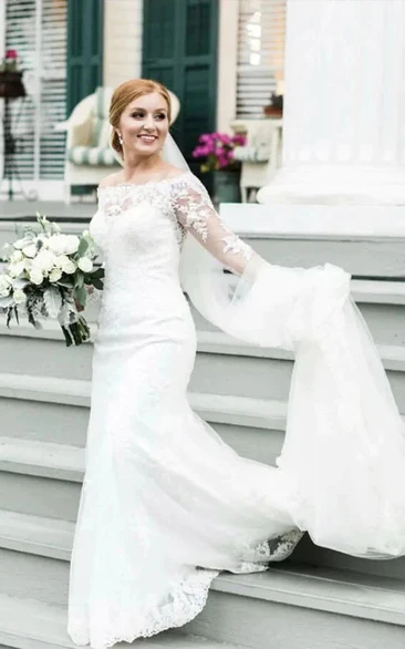 Elegant Illusion Long Sleeve Off-the-shoulder Sheath Wedding Dress