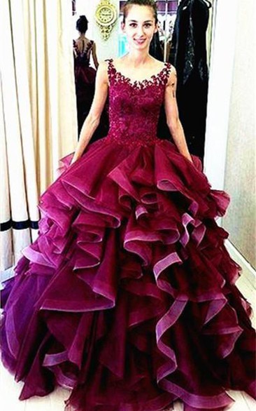 V-neck Lace Sleeveless Ruffled Ball Gown With Appliques