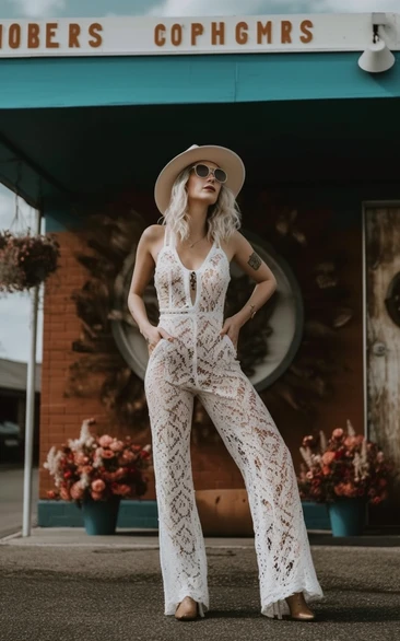 Boho Country Style Straps Lace Wedding Jumpsuit
