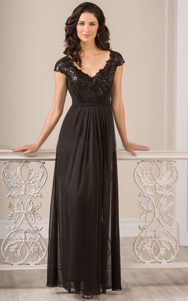 A Line V-neck Short Sleeve Floor-length Chiffon Mother Of The Bride Dress with Keyhole and Sequins