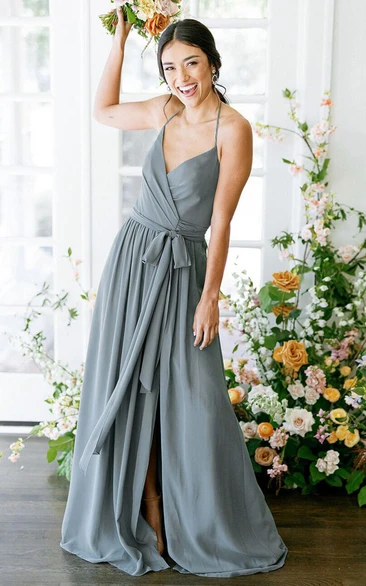 Halter Sleeveless Front-Slit Satin-Chiffon Bridesmaid Dress with Bows
