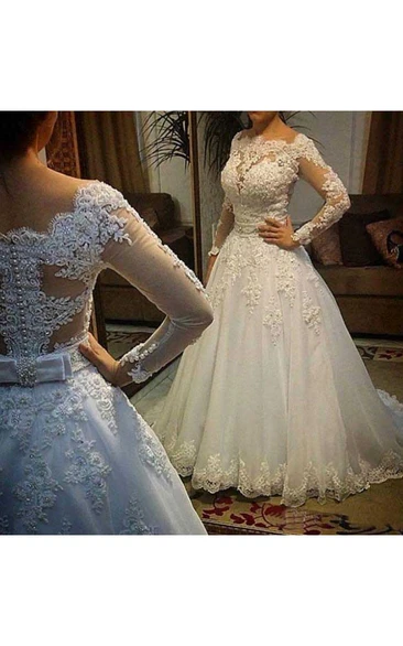 Scalloped Lace Tulle Illusion Long Sleeve Wedding Dress