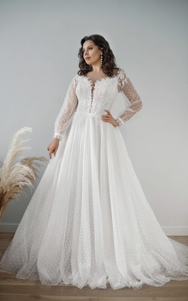 Lace Tulle Plus Size Illusion Long Sleeve V-neck Plus Size Wedding Dress