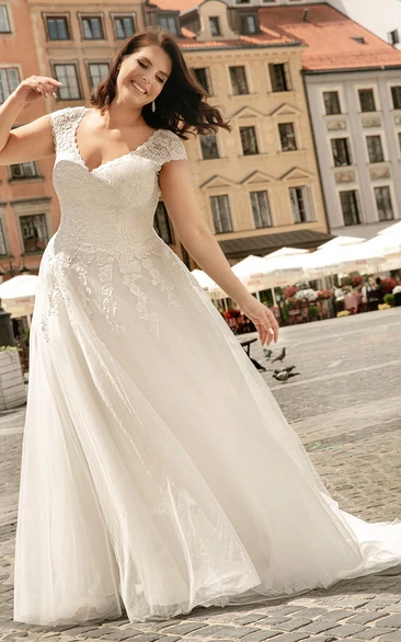 Plus Size Beautiful A Line V-neck Lace Wedding Dress with Appliques