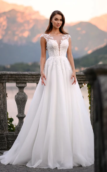 Cap Scoop-neck Illusion Ball Gown Lace Exquisite Wedding Dress