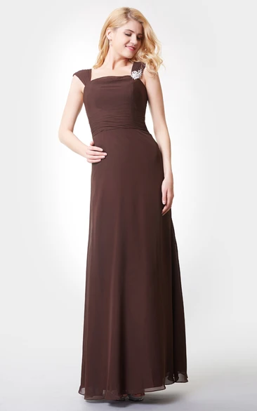 A-Line Strapped Chiffon Detailed Crystal Floor-Length Dress