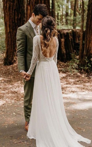 Scoop-neck Lace Long Sleeve Pleated Deep-v Back Wedding Dress