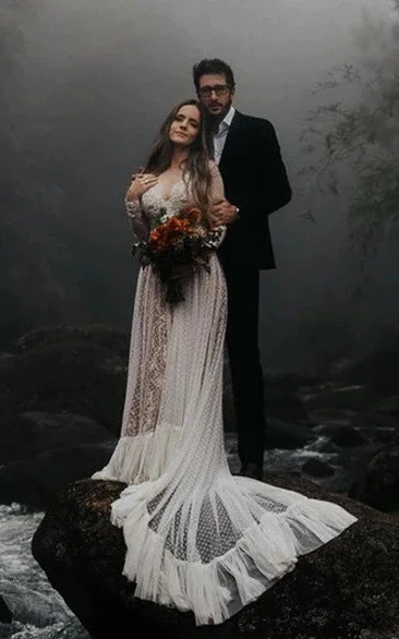 Outdoor Illusion Long Sleeve Deep-v Back Sheath Ethereal Wedding Dress