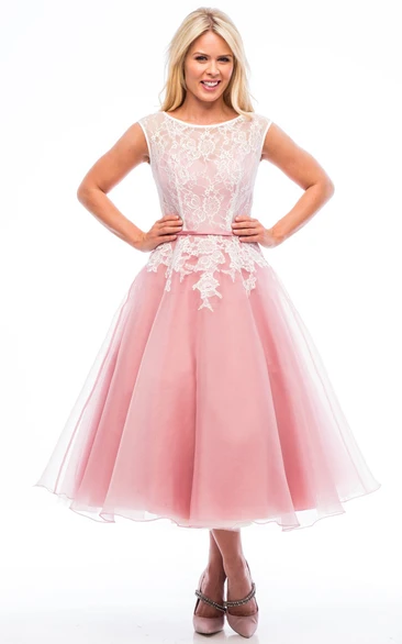 blushing Scoop-neck Lace Tea-length A-line Wedding Dress
