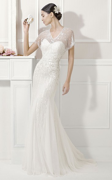 Sheath V-neck Short Sleeve Floor-length Tulle Wedding Dress with Illusion and Sequins