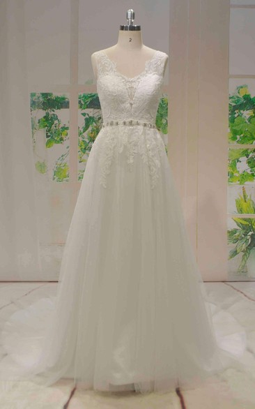 Tulle A-line Sleeveless Lace Wedding Dress With Beaded Sash And V-back With Buttons