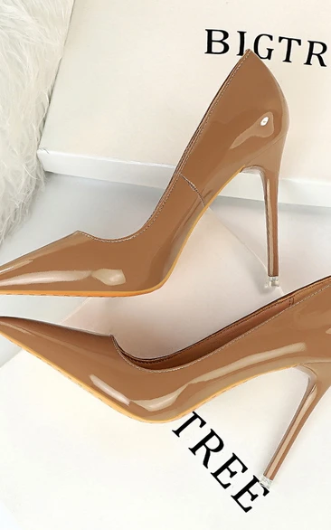 Fashion simple stiletto 3-4 inch super high heel glossy patent leather shallow mouth pointed toe sexy thin women's shoes