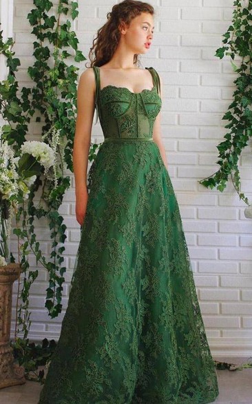 Spaghetti Dark Green Lace Applique Formal Evening Dress with Zipper Back