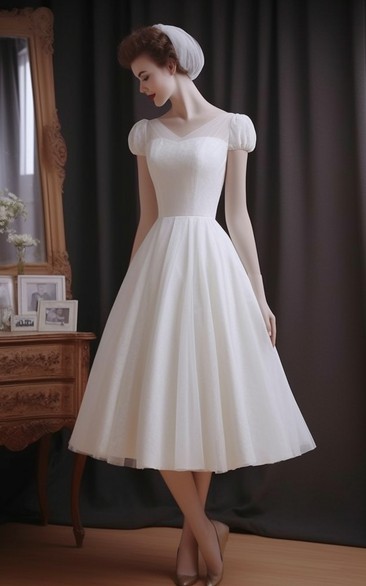 V-neck Cap Vintage Tea-length A-line White Wedding Dress