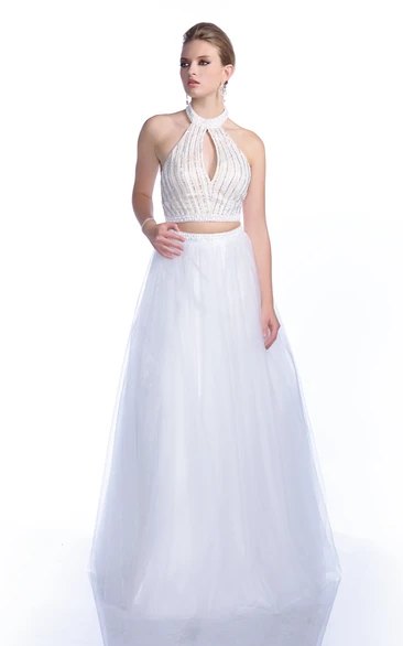 A-Line Crystal-Bodice Haltered Sleeveless Crop-Top Formal Tulle Dress