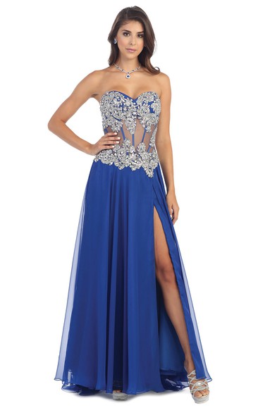 A-Line Crystal Split Front Long Sweetheart Chiffon Strapless Illusion Dress