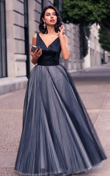 A Line Sleeveless Satin Tulle Casual Open Back Prom Dress with Bow