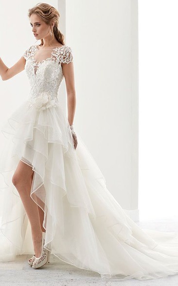 exquisite Bateau Short Sleeve High-low Wedding Dress With Tiers And Draping