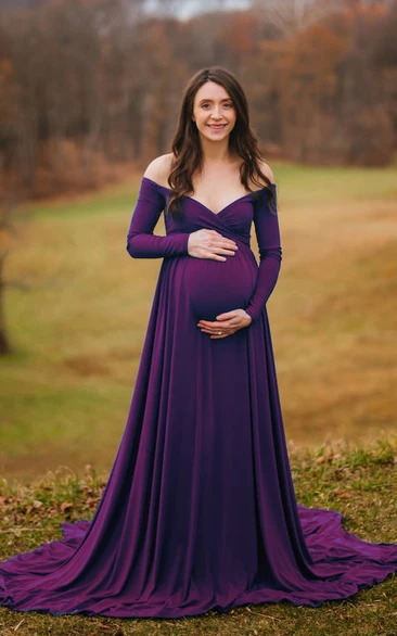 Off-the-shoulder Long Sleeve Pleated Ruched Ruffled Maternity Dress