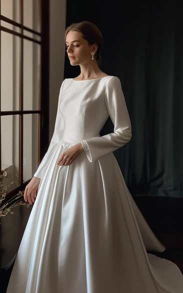 Long Sleeve Satin Solid Modest A-line Ball Gown Wedding Dress