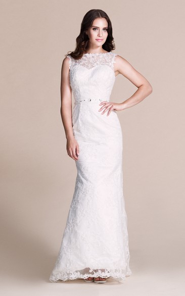 Appliqued Illusion Sheath Sleeveless Gown