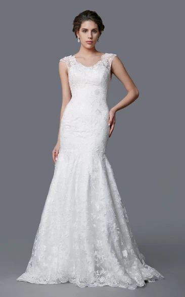 V-neck Cap-sleeve Lace Mermaid Wedding Dress With Appliques And Court Train