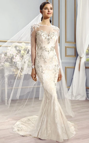 Mermaid/Trumpet Bateau Long Sleeve Floor-length Lace Wedding Dress with Illusion and Appliques