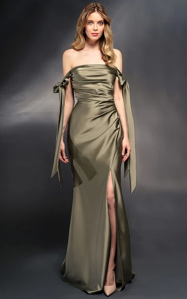 Off-the-shoulder Side-Draped Sheath Dress with Slit Front and Bow