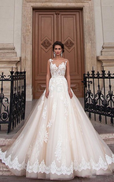 Illusion Back Country Dress Sash Lace Wedding Dresses Bridal Dress with Appliques