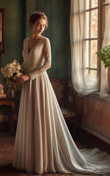 V Neck Long Sleeves Empire Chiffon Wedding Dress with Lace top and Trim