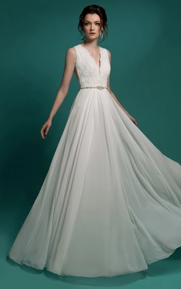 Sleeveless Beaded Lace Appliques Floor-Length A-Line Chiffon Dress
