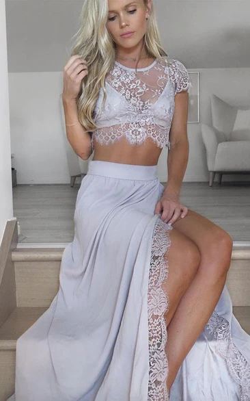 Jewel Chiffon Short Sleeve Floor-length Lace Pleats Split Front Dress