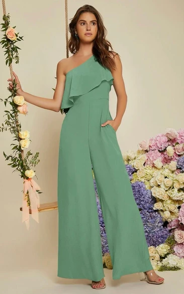One Shoulder Ethereal Chiffon Mint Bridesmaid Formal Evening Jumpsuit with Pockets