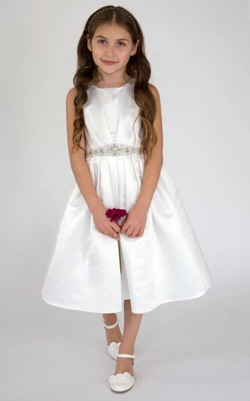 Satin Layers Pleated Tea-Length Flower Girl Dress