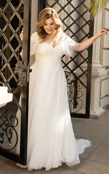 Plus Size Charming Chiffon V-neck A Line Wedding Dress