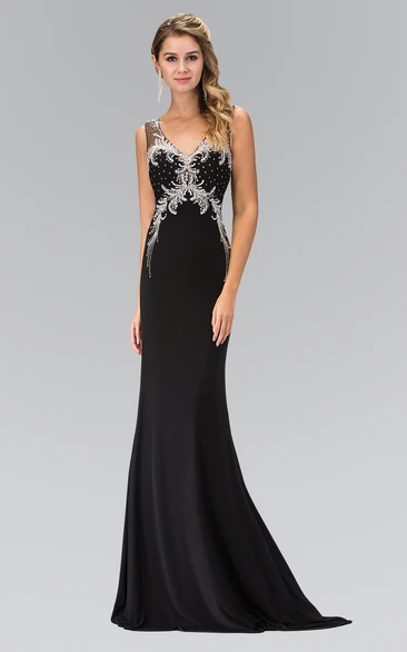 Sheath V-neck Sleeveless Sweep Train Jersey Prom Dress with Illusion and Crystal Detailing