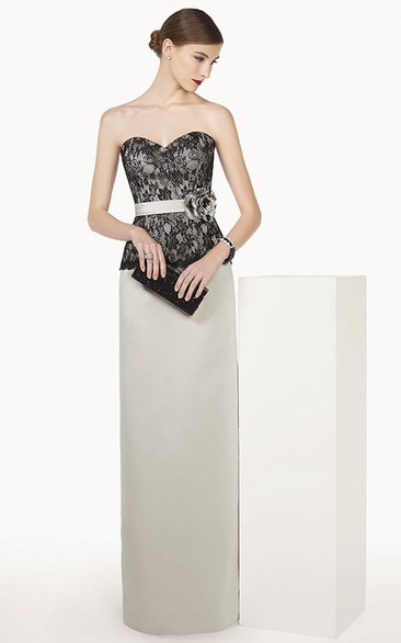 Sheath Sweetheart Sleeveless Floor-length Satin Wedding Guest Dress with Lace Top and Sash