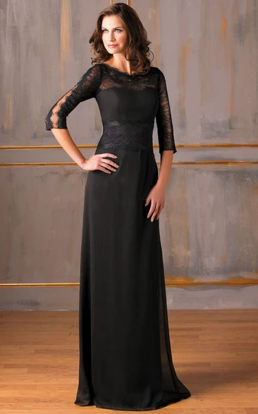 Sheath Scoop 3/4 Length Sleeve Floor-length Chiffon Mother of the Bride Dress with Illusion and Zipper
