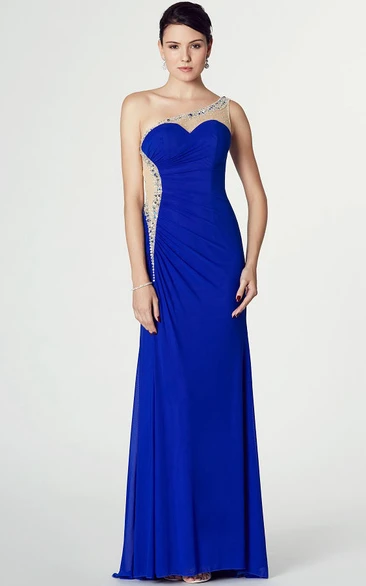 Sheath One-shoulder Sleeveless Floor-length Chiffon Formal Dress with Illusion and Split Front
