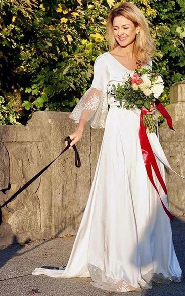 V-neck Bell Sleeve A-line Casual Vintage Wedding Dress