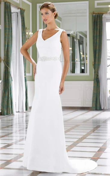 Sheath V-neck Sleeveless Floor-length Satin Wedding Dress with Low-V Back and Bow