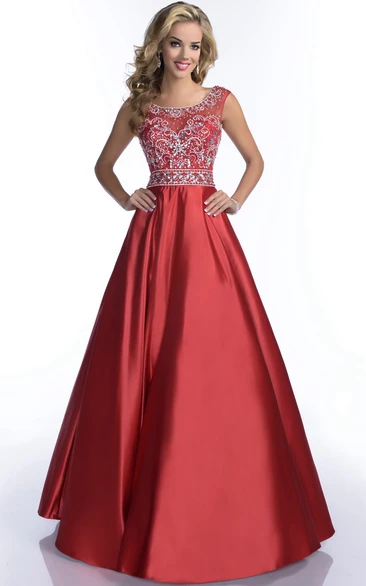 A-line Ball Gown Scoop-neck Satin Prom Dress With Beading And Low-V Back