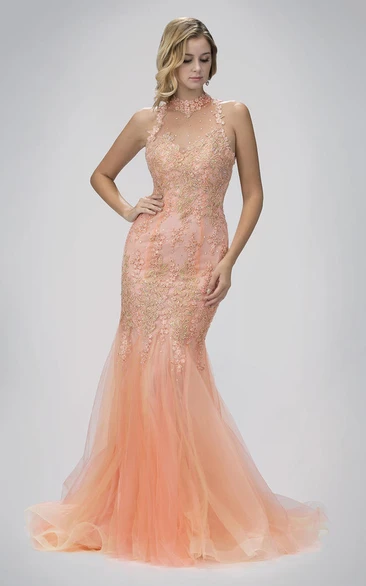 Trumpet Appliqued High-Neck Sleeveless Illusion Tulle Dress